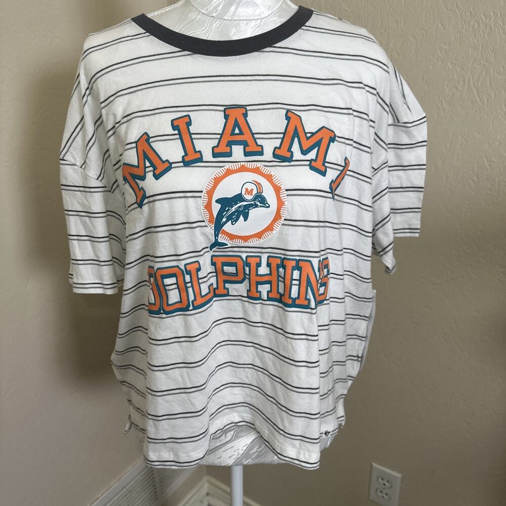 Miami Dolphins '47 Cropped T-Shirt Womens Size Large White w/‎ Gray Stripes NWT